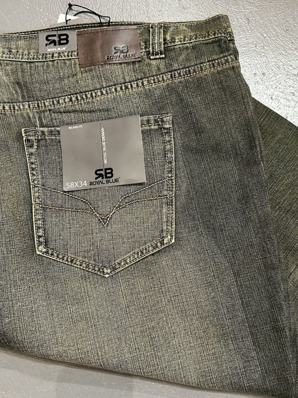 Royal Blue Brand Denim Jeans Men 58 x 34 Relaxed Big & Tall Olive Green Wash